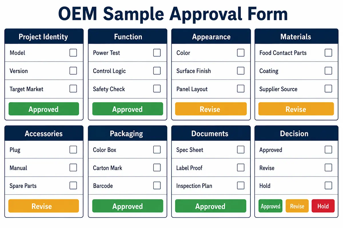 Sample approval decision flow for OEM kitchen appliance projects
