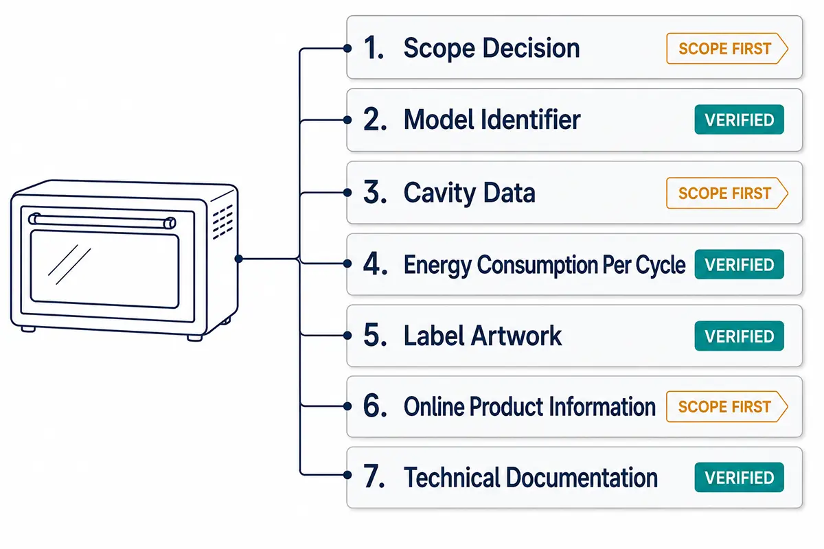 Energy label evidence pack for oven-style appliances showing scope note, model identifier, cavity data and technical file checks.