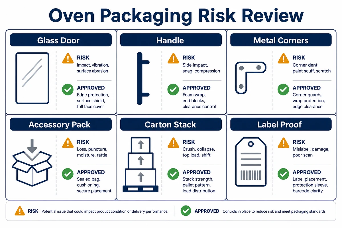 Countertop oven packaging risk matrix for glass door handle and accessory protection