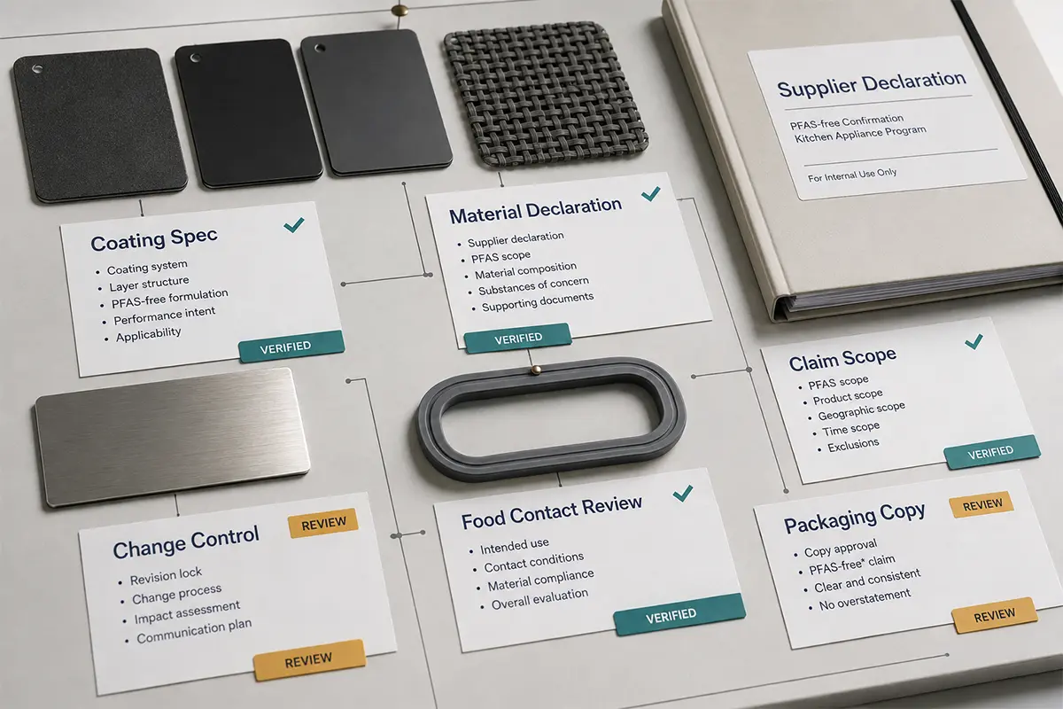 Checklist showing evidence needed before using a PFAS-free claim for kitchen appliance sourcing.