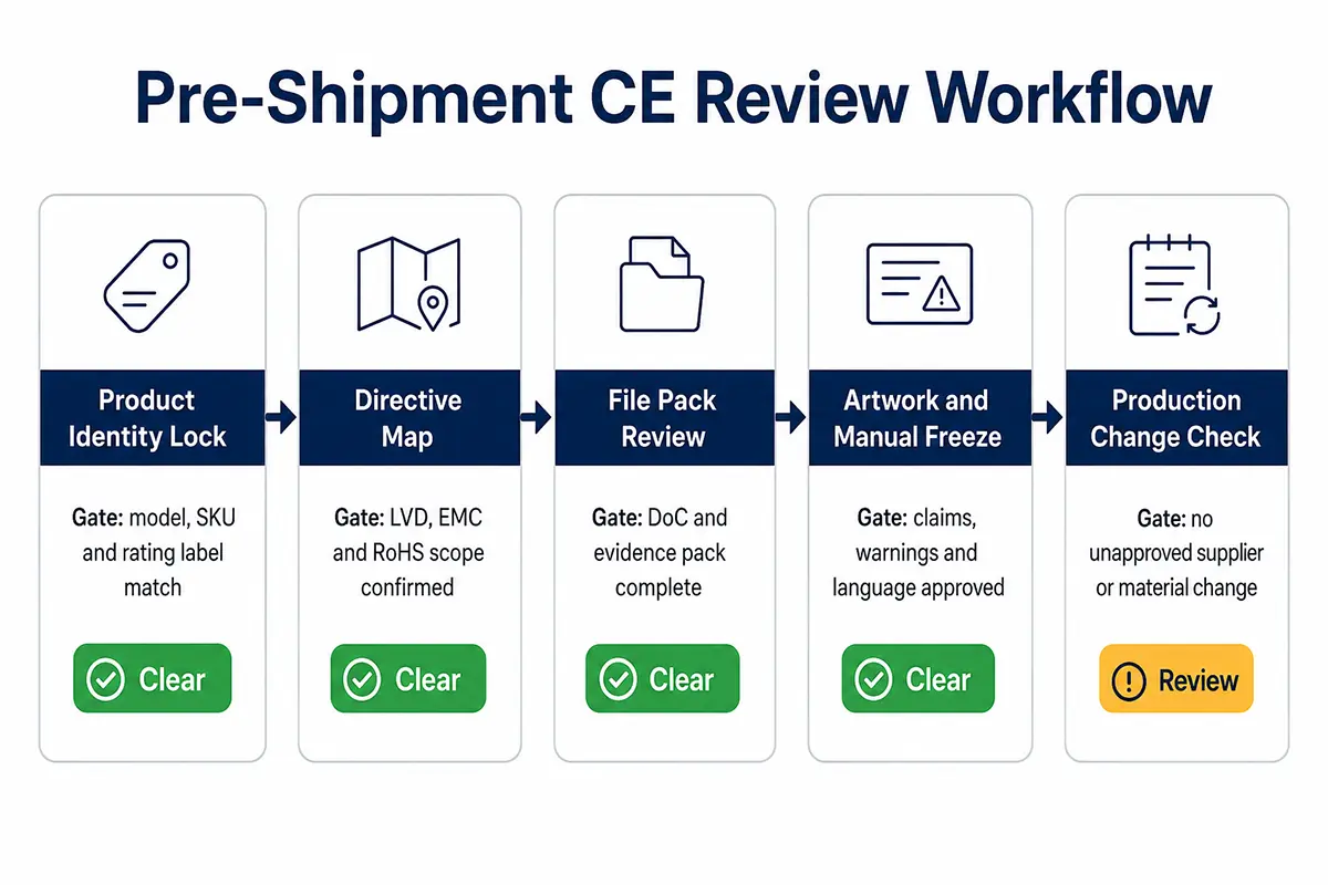 Pre-shipment CE documentation review workflow for kitchen appliances