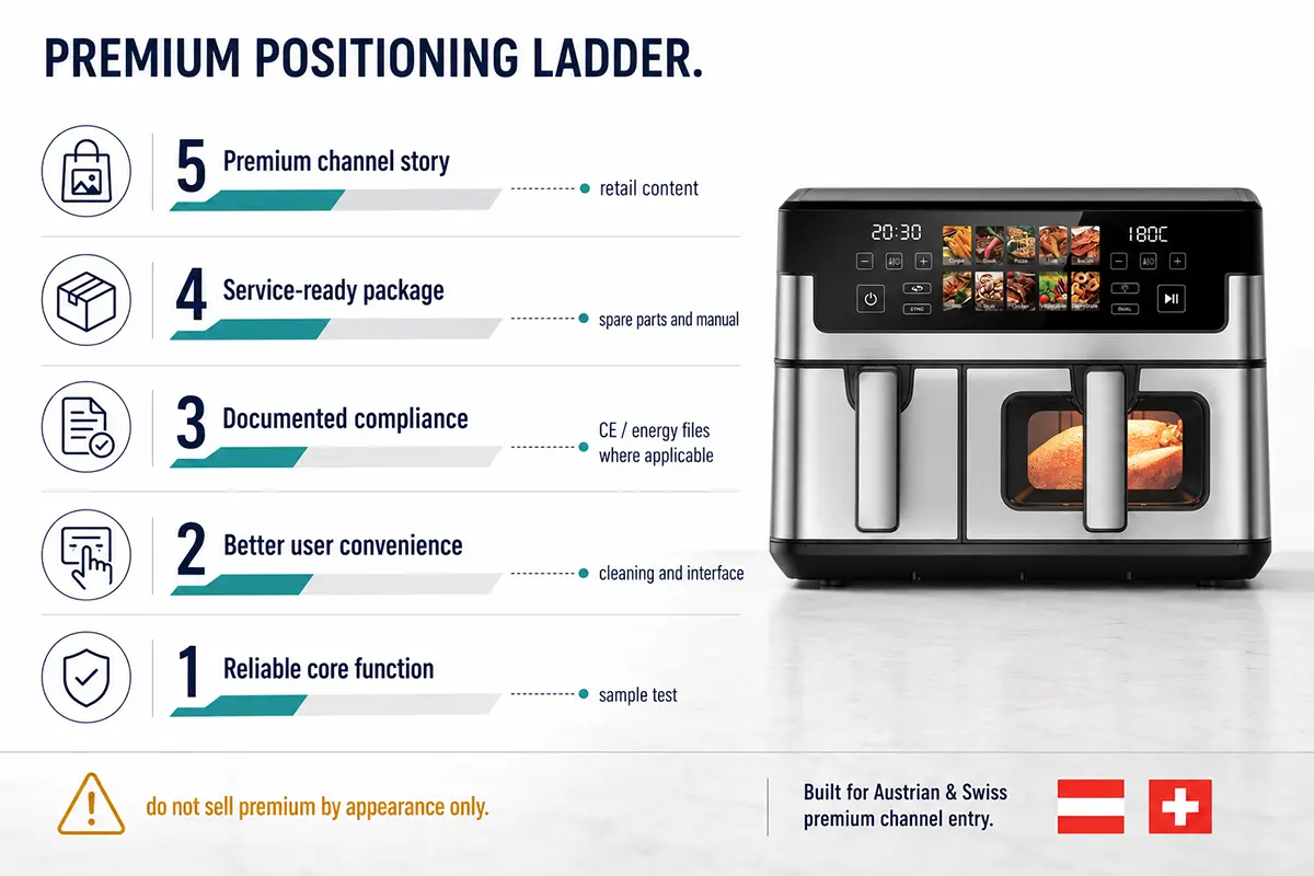 Premium kitchen appliance positioning ladder for Austria and Switzerland showing feature proof service and channel fit