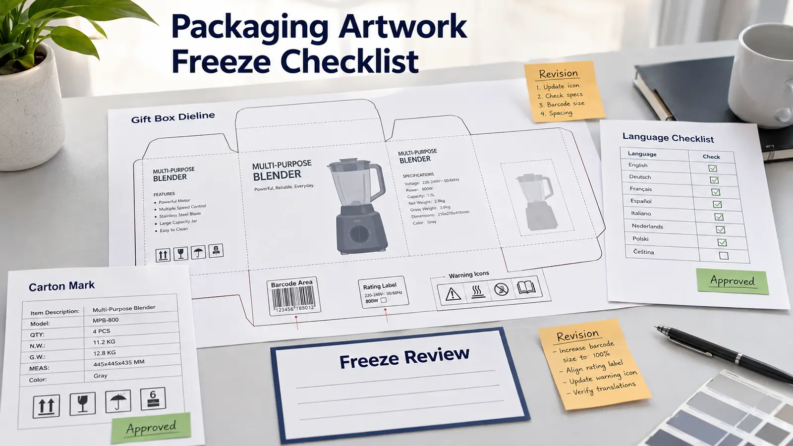 Private label appliance packaging artwork checklist with barcode label and carton proof