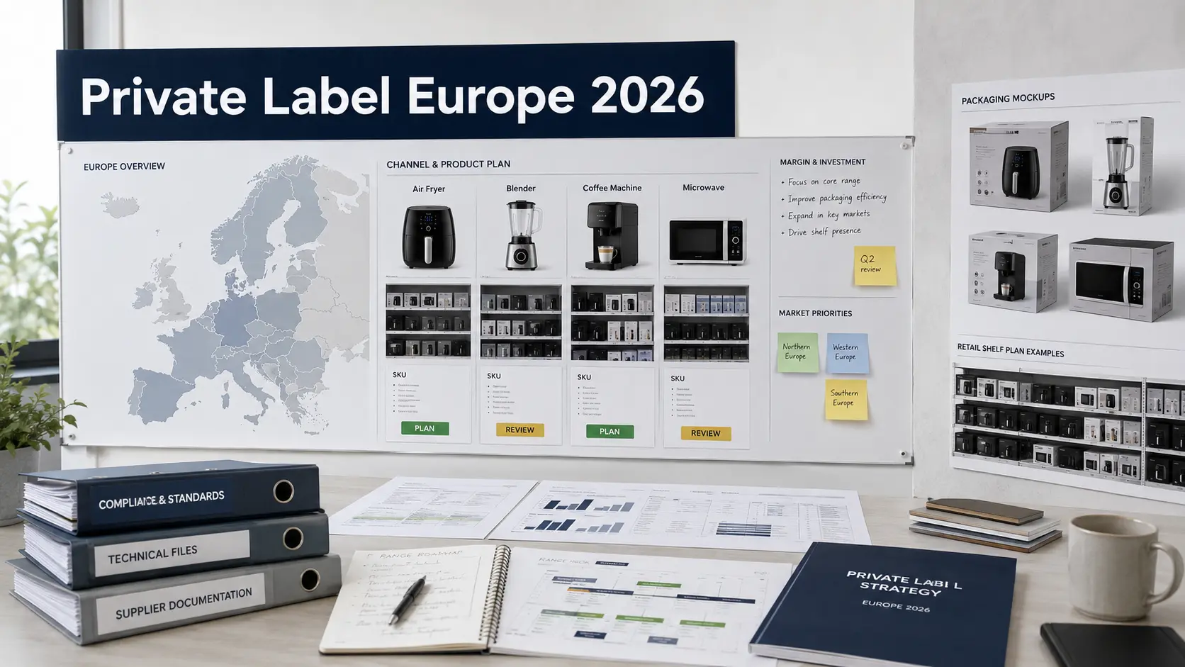 European private label kitchen appliance planning board with channel and SKU signals