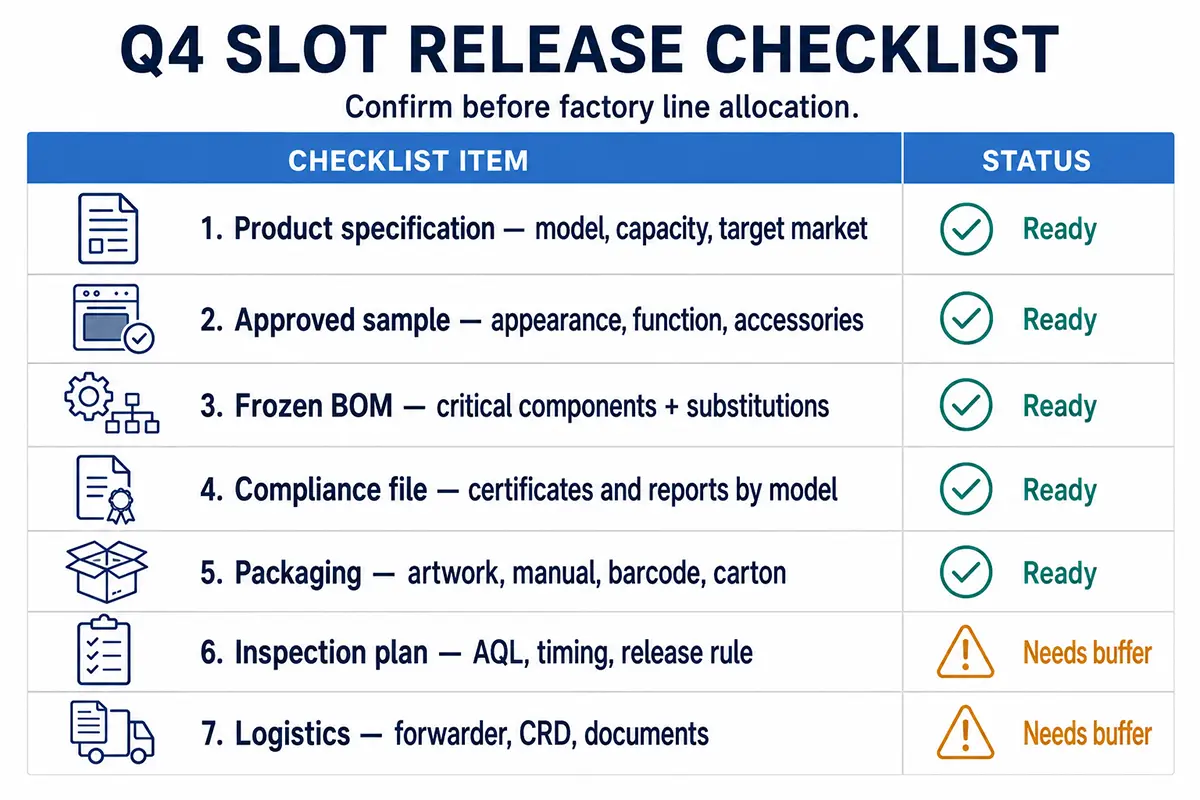Q4 appliance production release checklist for specification, sample, BOM, compliance and logistics
