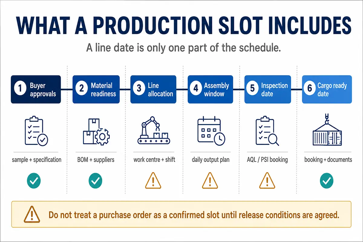 Kitchen appliance production slot definition connecting approvals, capacity, inspection and cargo ready date