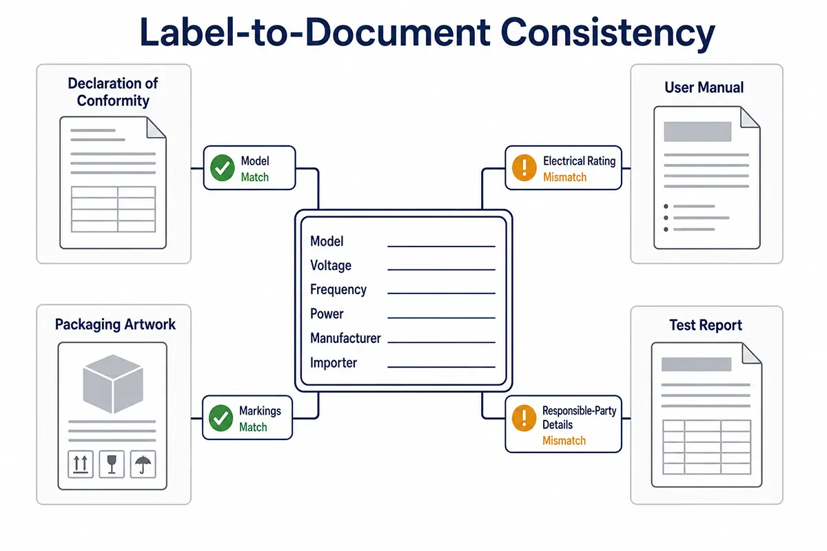 Label consistency matrix comparing rating label manual packaging and declaration