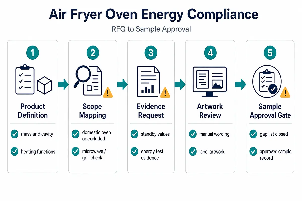 RFQ to sample approval workflow for air fryer oven energy compliance and documentation checks.