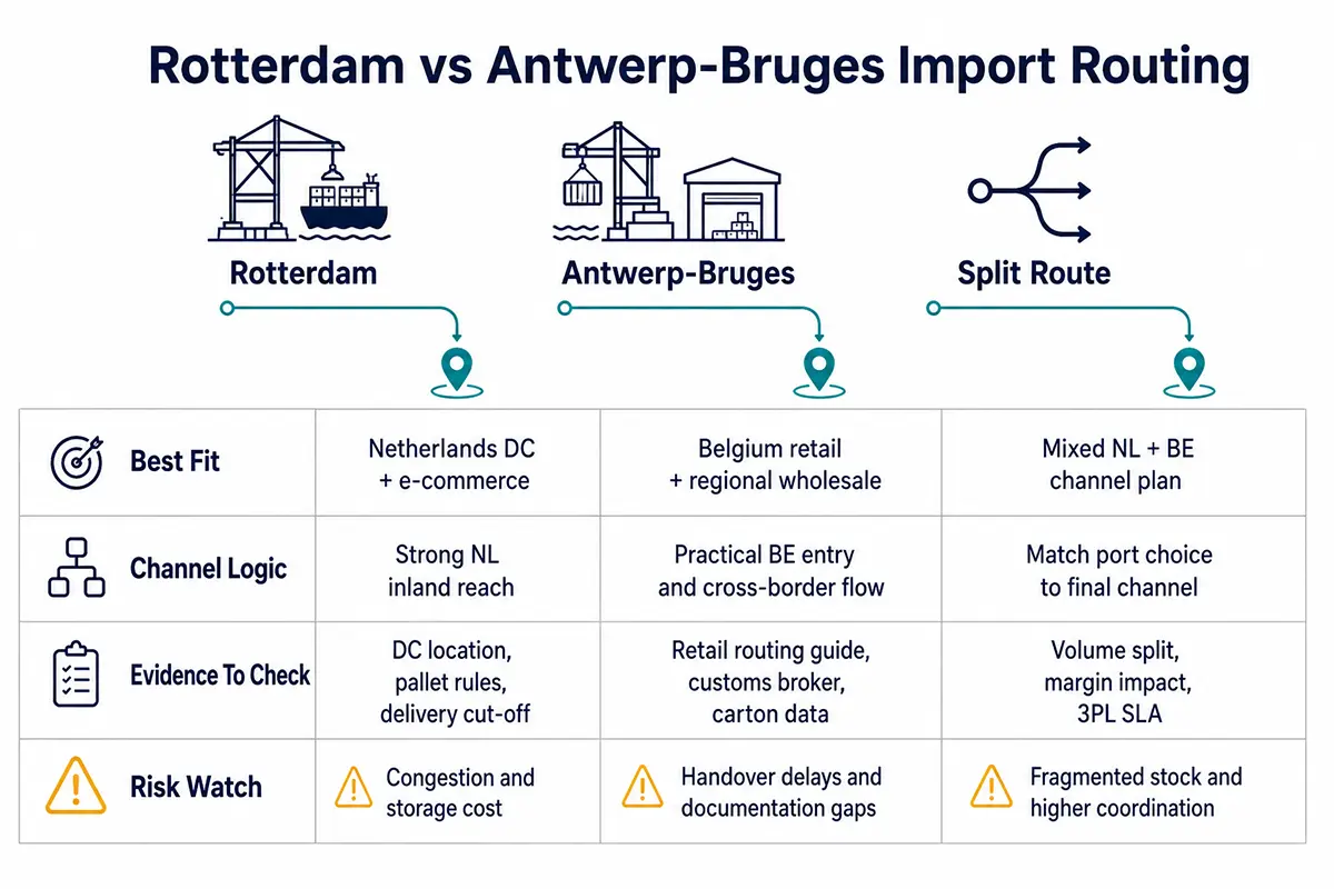 Route comparison showing when buyers may use Rotterdam, Antwerp-Bruges or a split Benelux distribution plan.