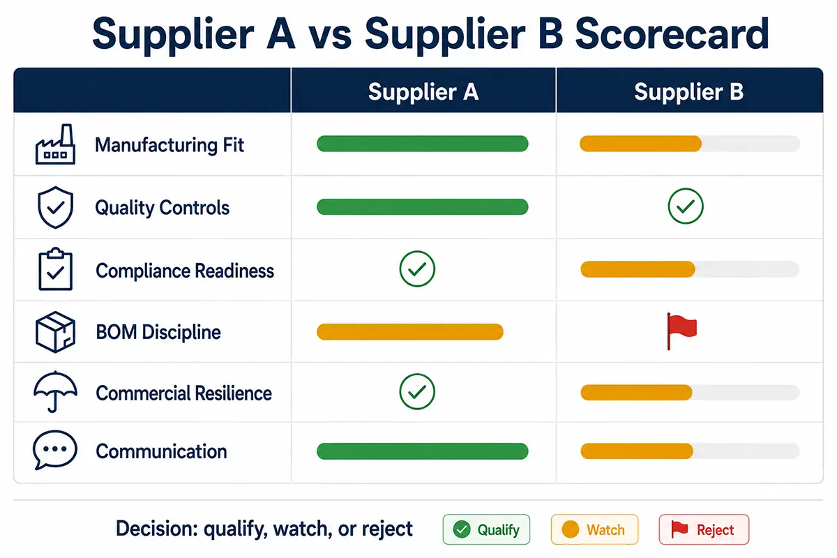 Supplier A and Supplier B comparison scorecard for kitchen appliance OEM projects