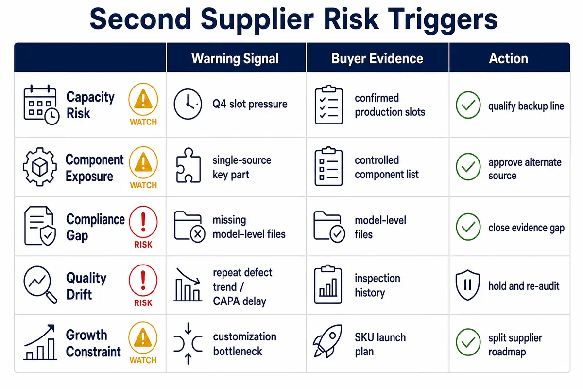 Risk trigger matrix for deciding when a kitchen appliance brand needs a second supplier