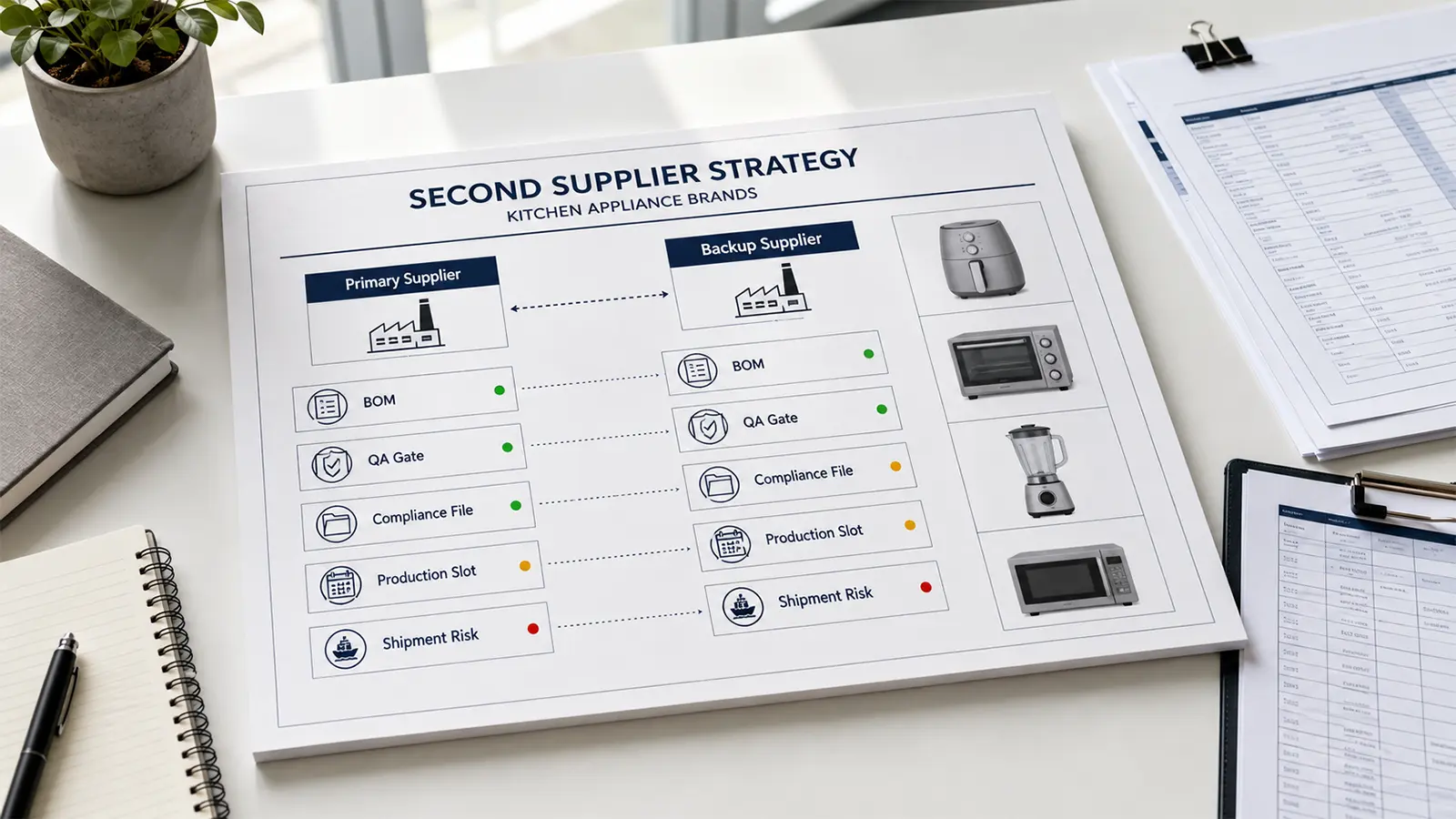 Second supplier strategy board comparing primary and backup kitchen appliance manufacturing paths