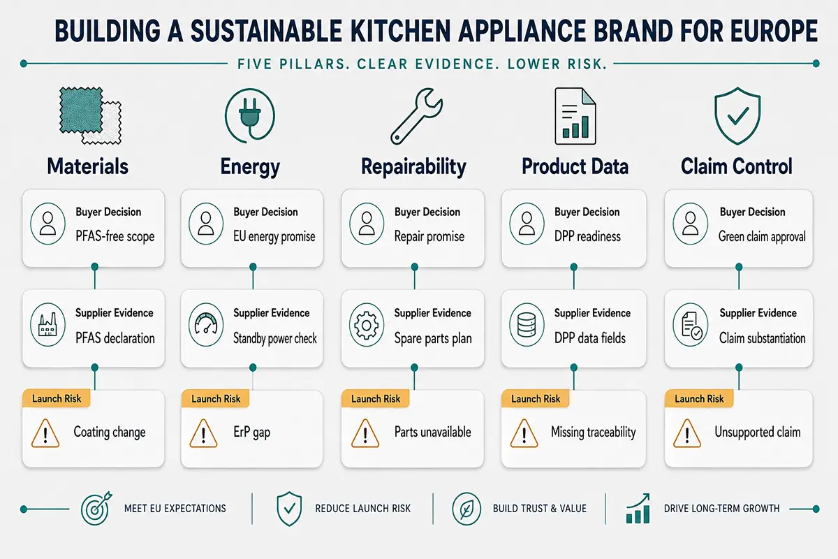 Roadmap showing five evidence workstreams for a sustainable kitchen appliance brand in Europe.