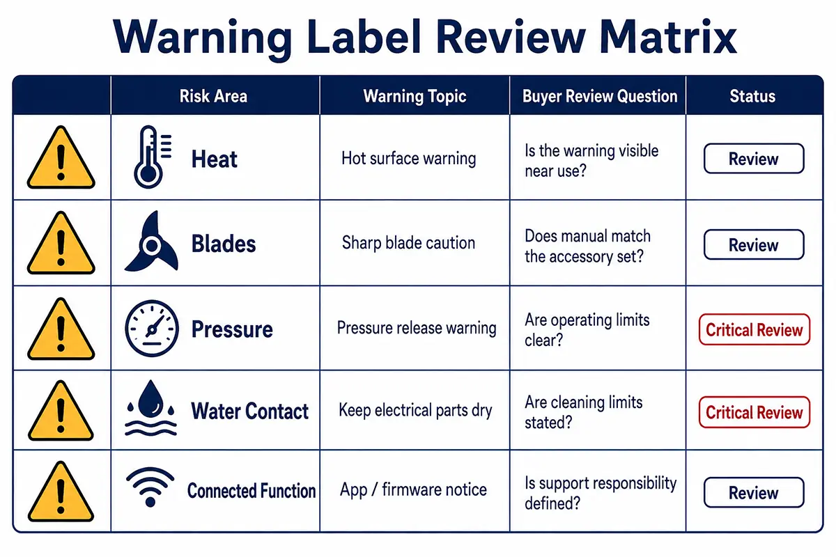Warning label review matrix for kitchen appliance manuals