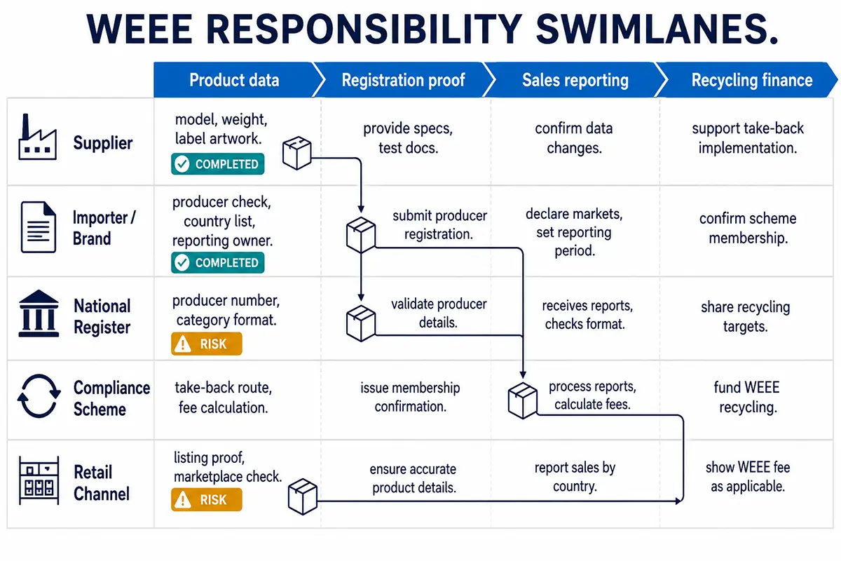 WEEE responsibility swimlane showing supplier importer register scheme and retail channel actions