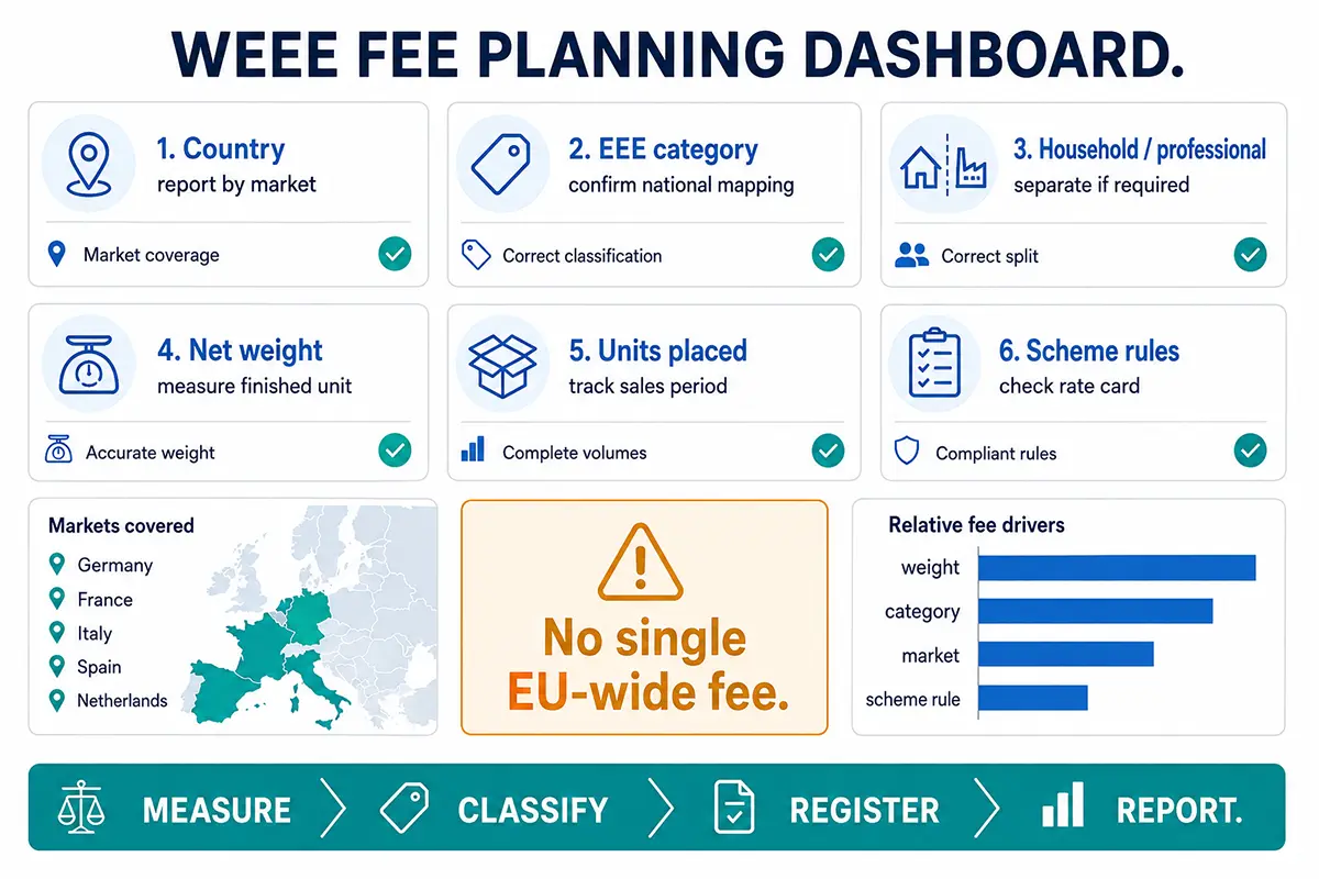 WEEE recycling fee planning dashboard showing country category weight units scheme and reporting period