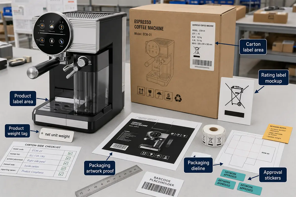 Kitchen appliance packaging label review with WEEE symbol artwork product weight tag and carton marking check