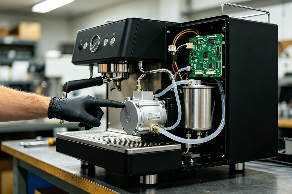 Coffee machine with side panel removed showing internal pump, boiler, and control board