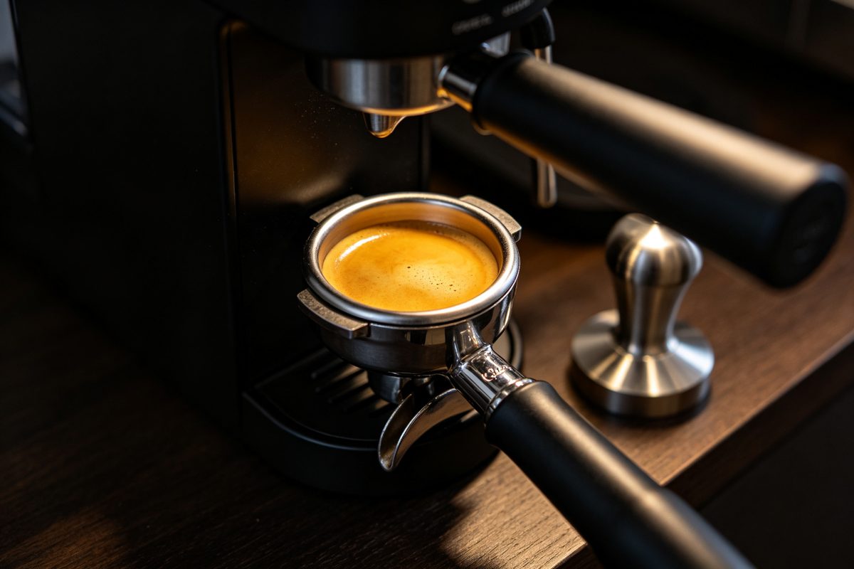 Espresso portafilter with rich golden crema next to stainless steel tamper