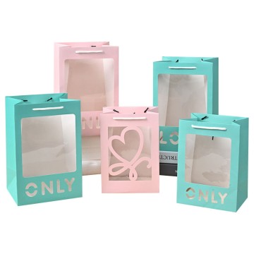 Custom Logo Recyclable Shopping Gift Paper Bags With Clear Transparent Window