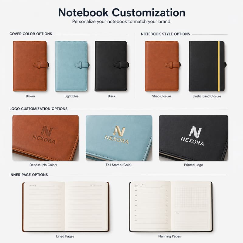 Notebook color, closure, logo and inner page customization examples