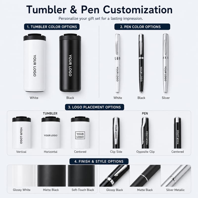 Tumbler and pen color, logo placement and finish customization examples