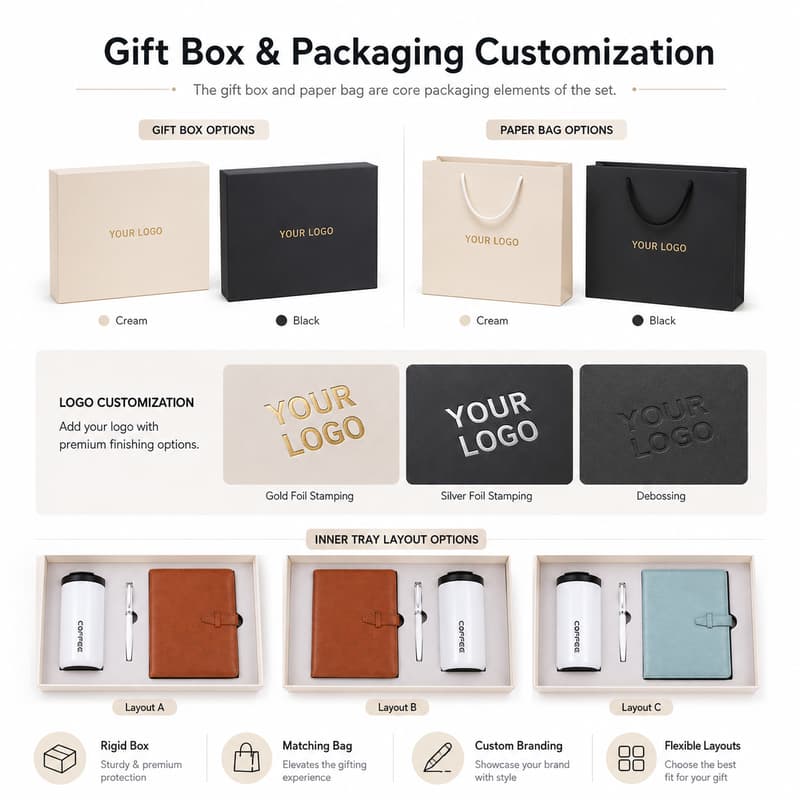 Cream and black gift box and paper bag branding and insert layout examples