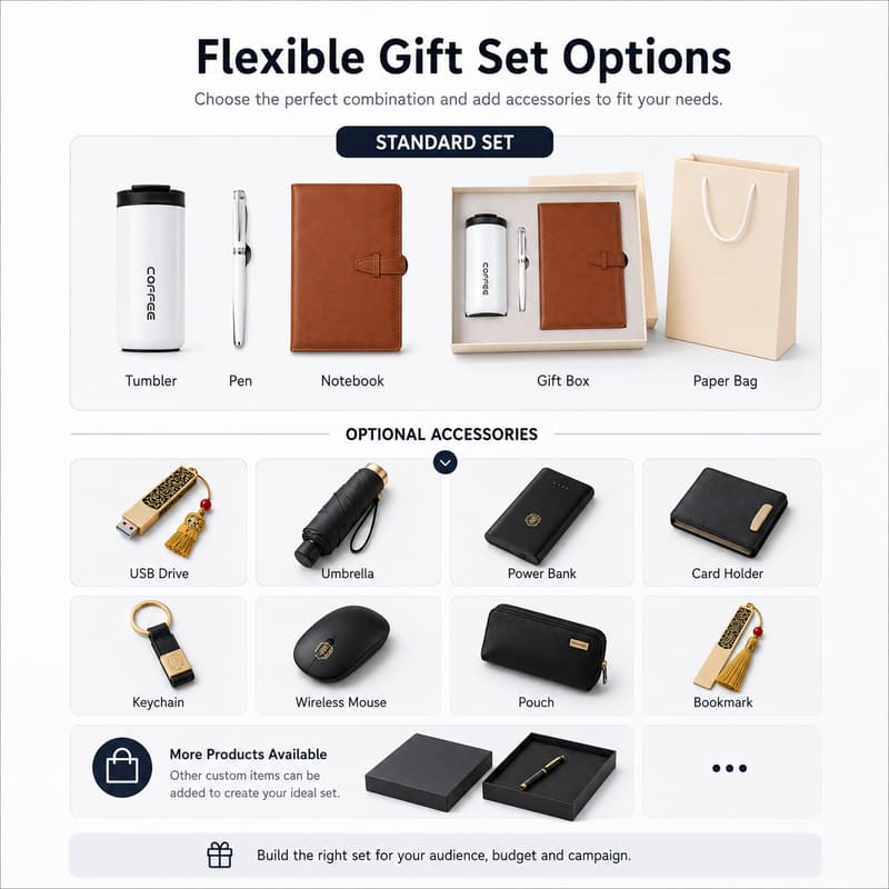 Core notebook tumbler pen set with box and bag plus multiple optional accessories