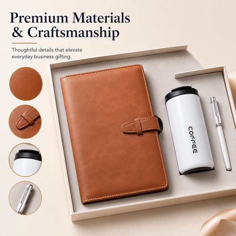 Notebook tumbler pen set with box and paper bag positioned for corporate gifting