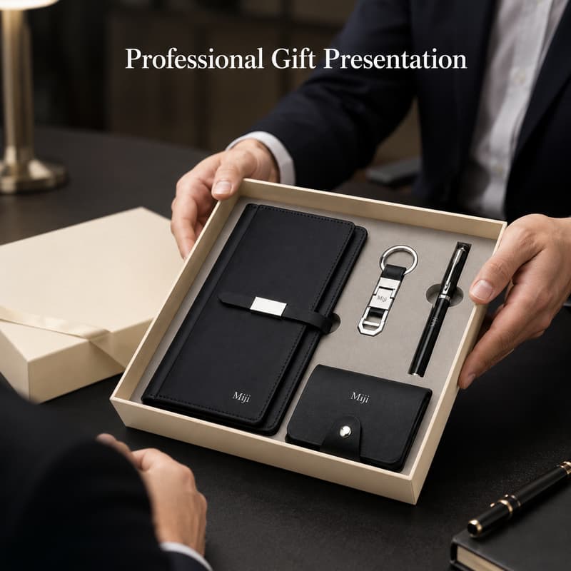 Business professional presenting an open cream Miji business gift box