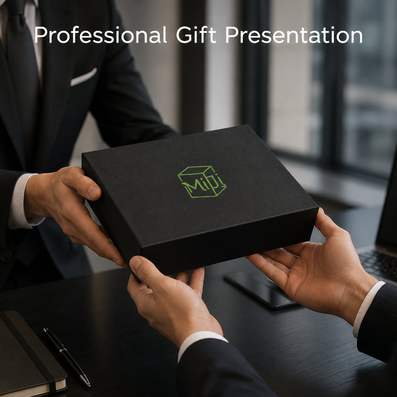 professionals presenting a closed black Miji corporate gift box