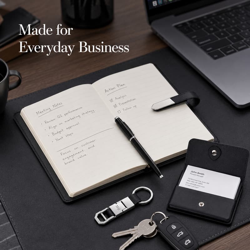Miji notebook, pen, keychain and card holder shown in a business workspace
