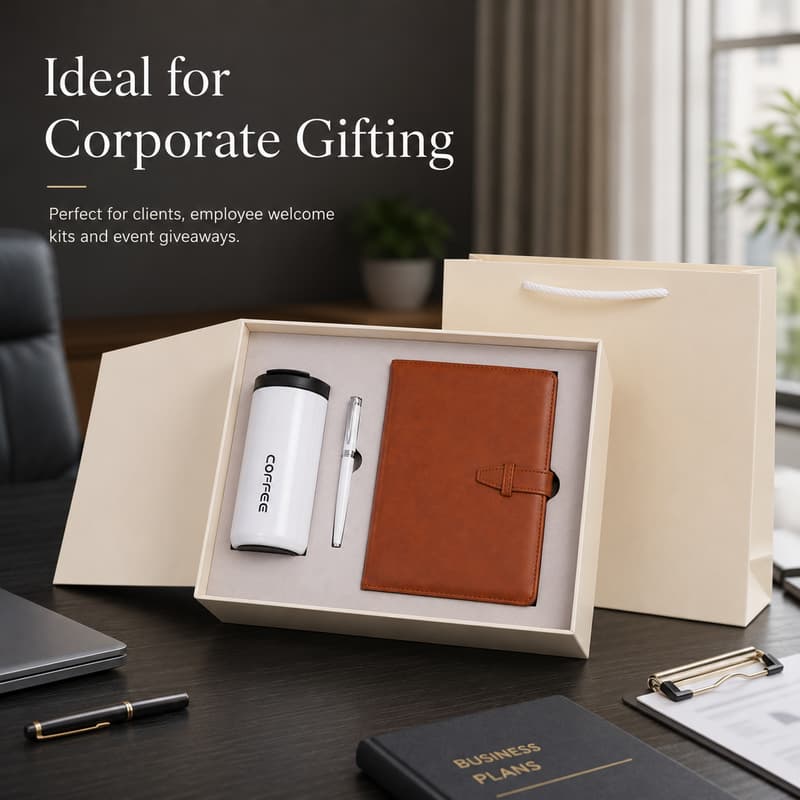 Close product presentation highlighting brown notebook cover, stitching, tumbler and pen details