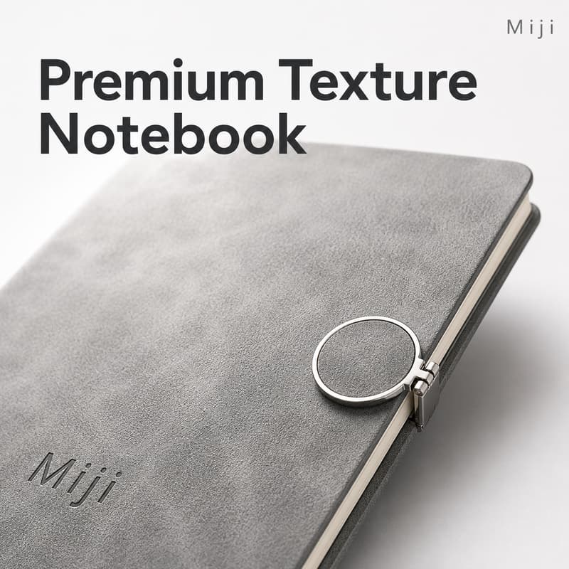 Close-up of grey textured notebook cover with metal ring closure and Miji logo