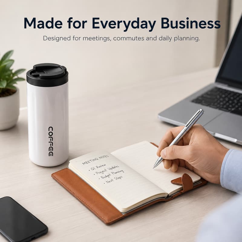 Person writing in a notebook beside a travel tumbler and laptop at an office desk