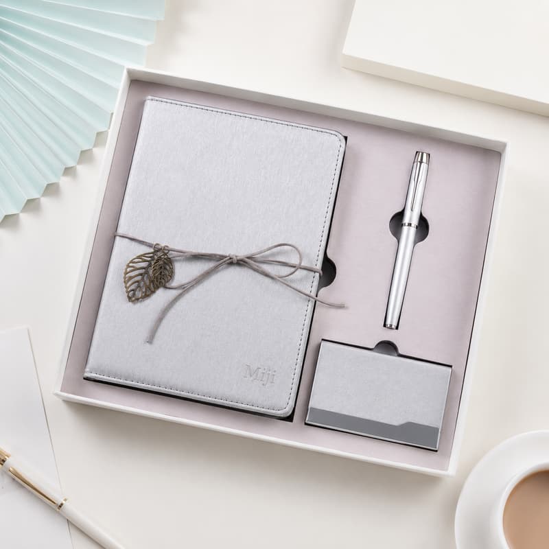 Silver Notebook Pen Card Holder Gift Set Open Box