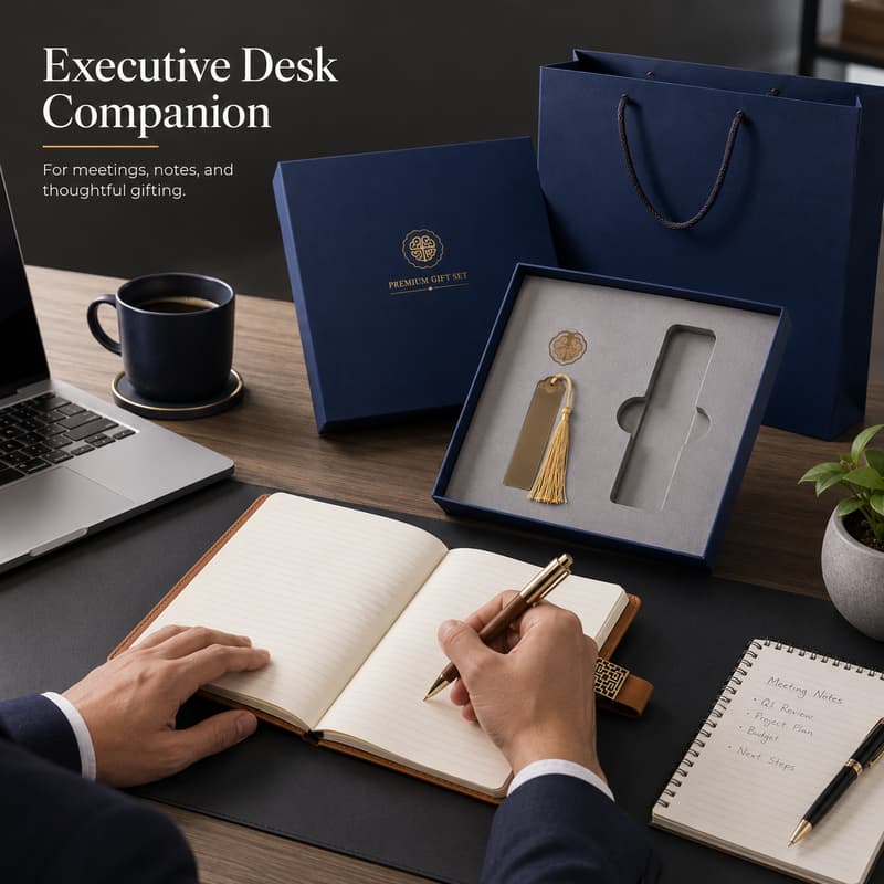 Professional writing in a notebook beside blue gift packaging