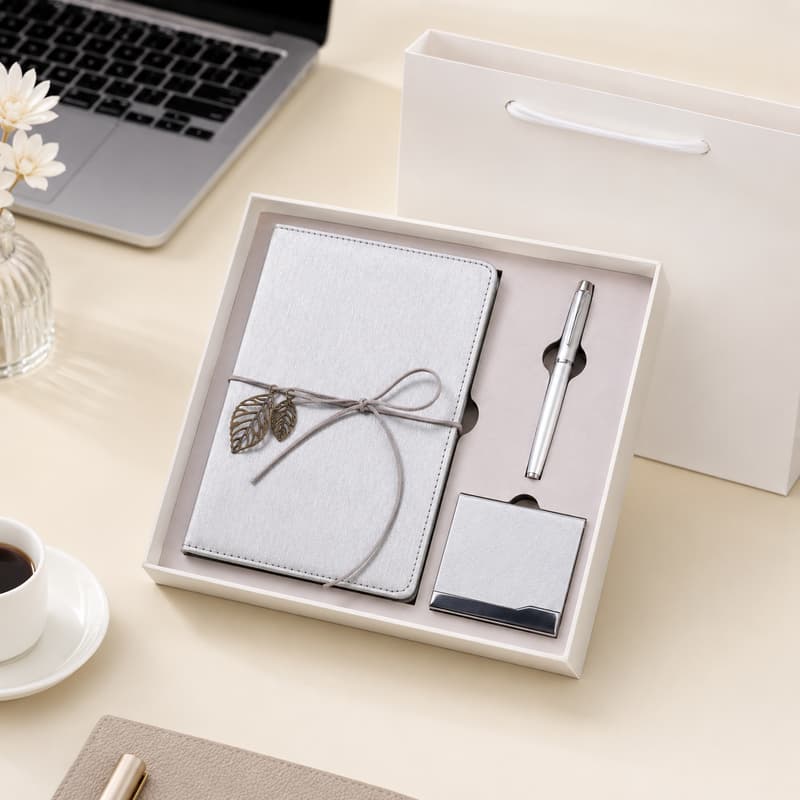 Silver Notebook Pen Card Holder Gift Set with Gift Bag