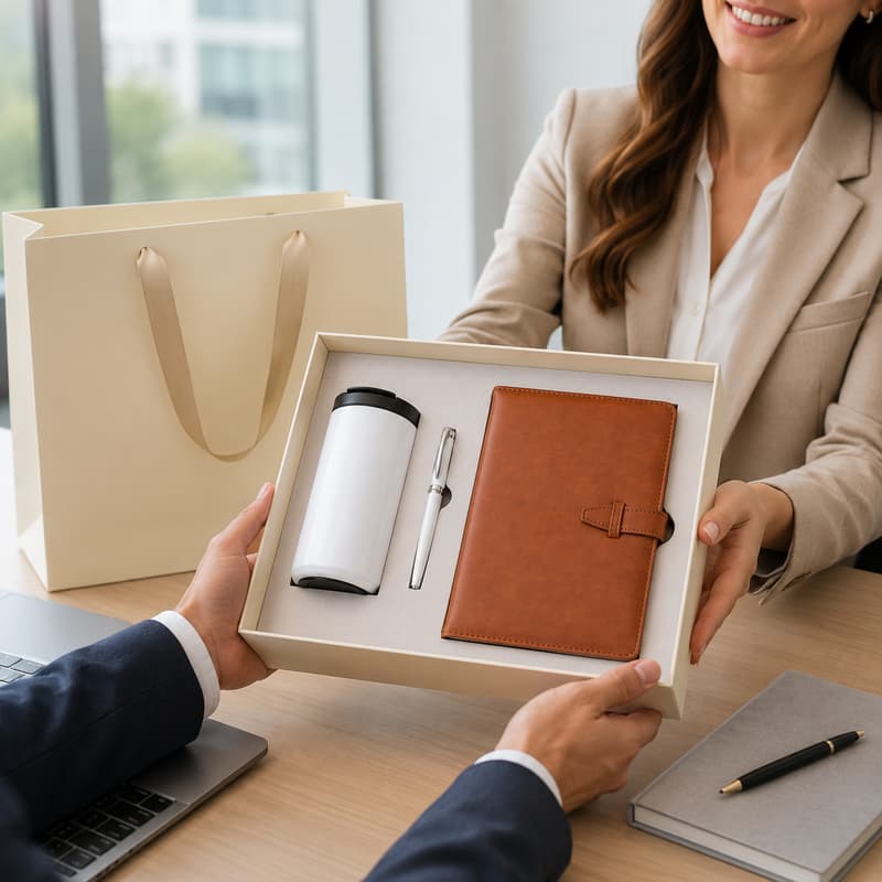 Business professionals exchanging a notebook tumbler pen gift set in an office