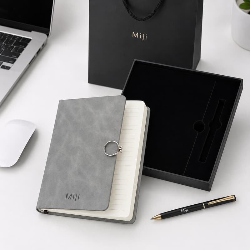 Grey notebook, black gold pen and gift box arranged in a modern office desk setting