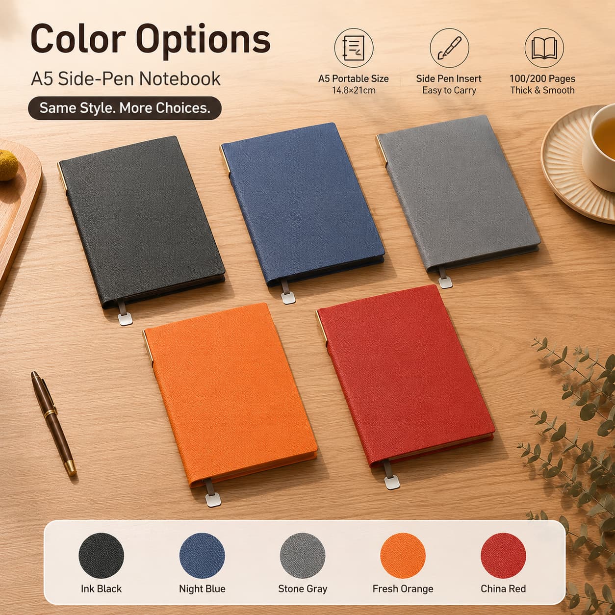 Five A5 side-pen notebooks in different colors displayed with size and page count highlights.