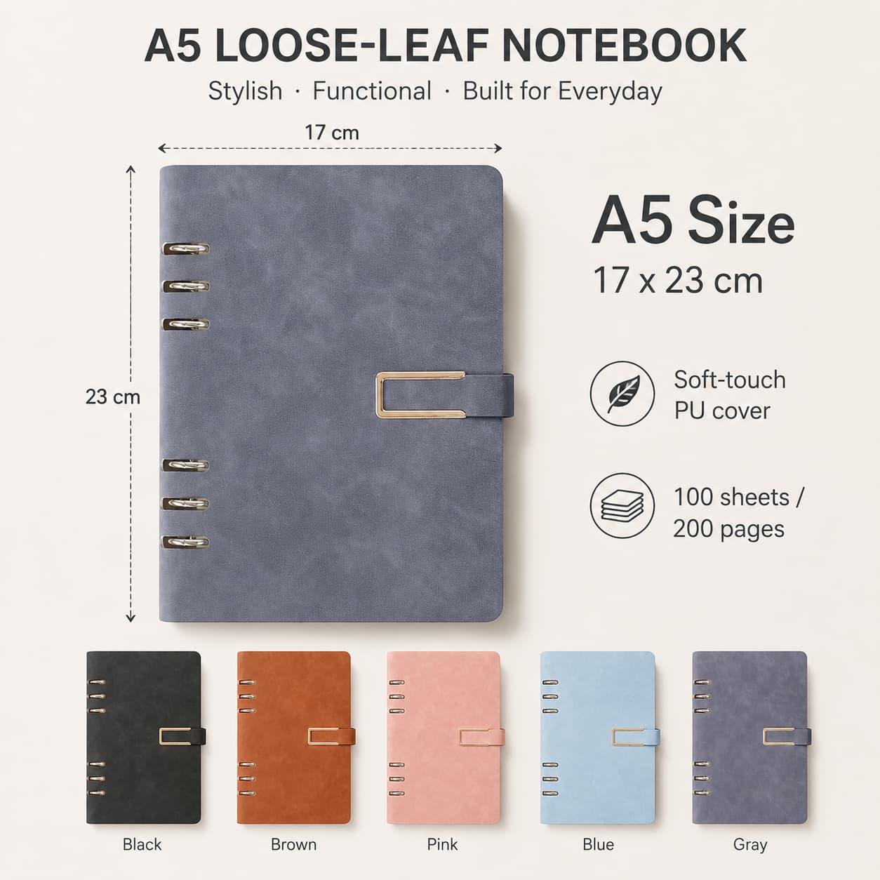 A5 loose-leaf notebook specification image showing 17 × 23 cm size, 100 sheets / 200 pages and multiple cover colors.
