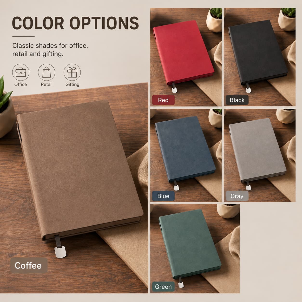 Coffee Brown, Red, Black, Blue, Gray and Dark Green A5 soft-touch PU notebook color options shown in a coordinated product layout.