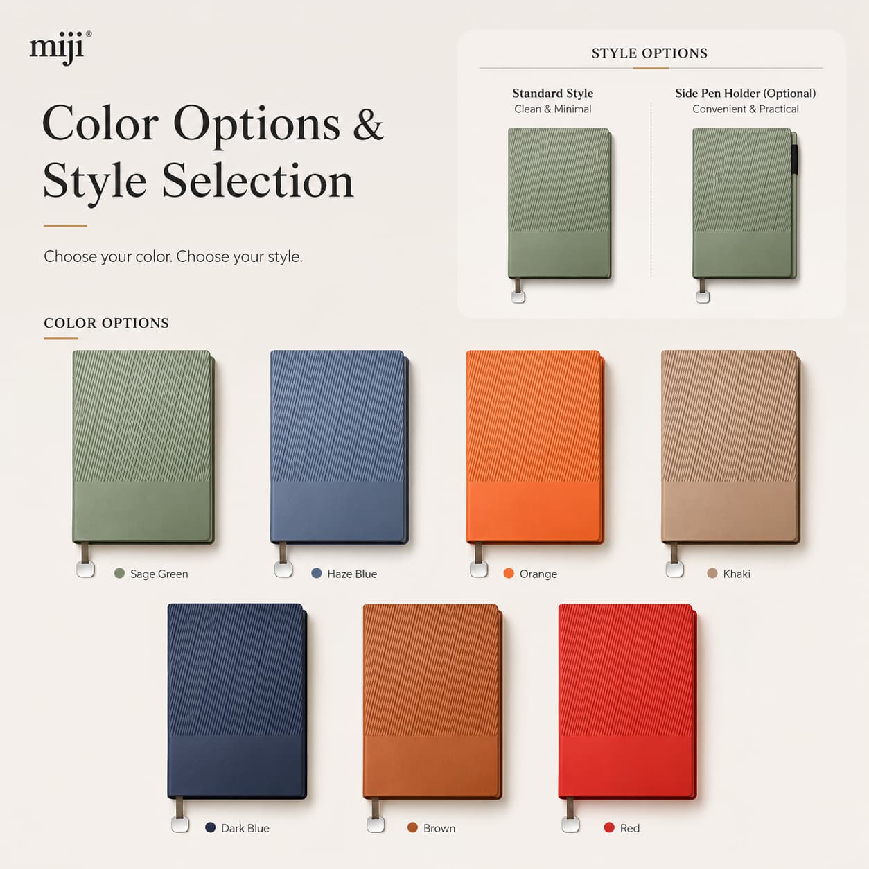 Business-style striped PU notebooks displayed in multiple colors with standard and side-pen-holder style options.