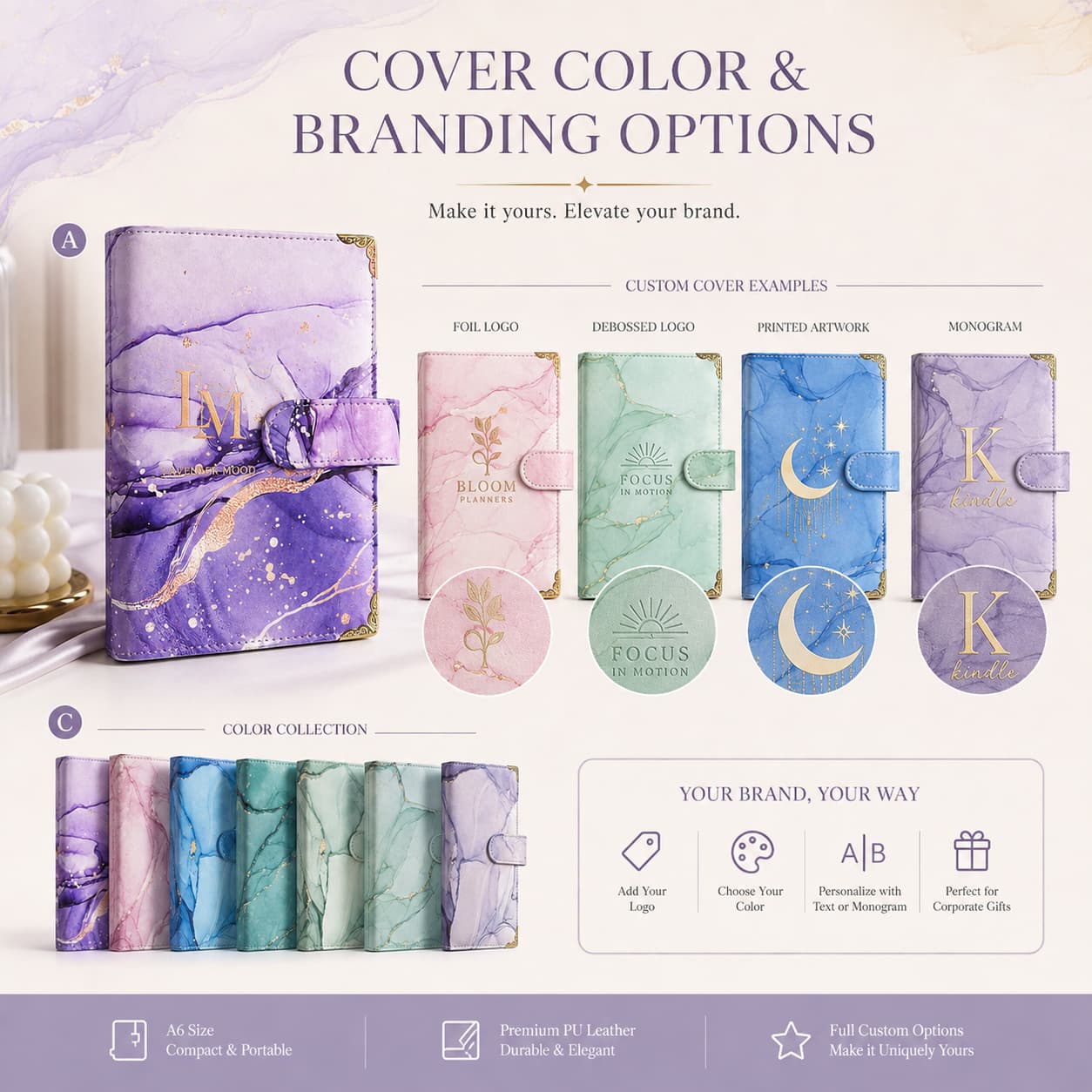 Custom A6 marble planner examples showing color choices, foil logo, debossed branding, printed artwork and monogram options.