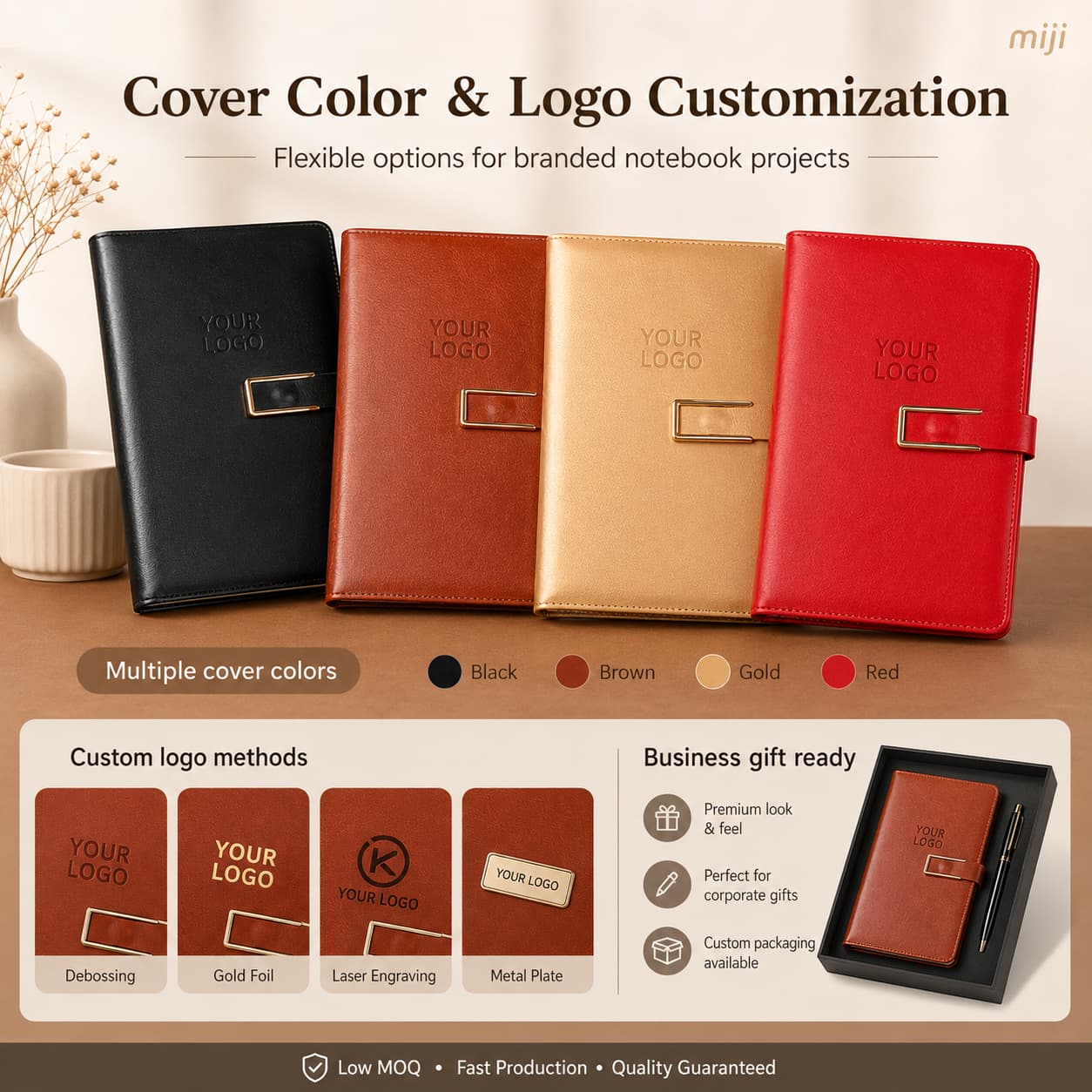 Custom cover colors and logo methods for A5 PU metal clasp notebooks.