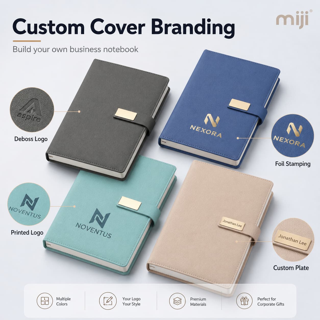 Pebble PU notebooks showing debossed logo, foil stamping, printed logo, and customized metal plate branding examples.