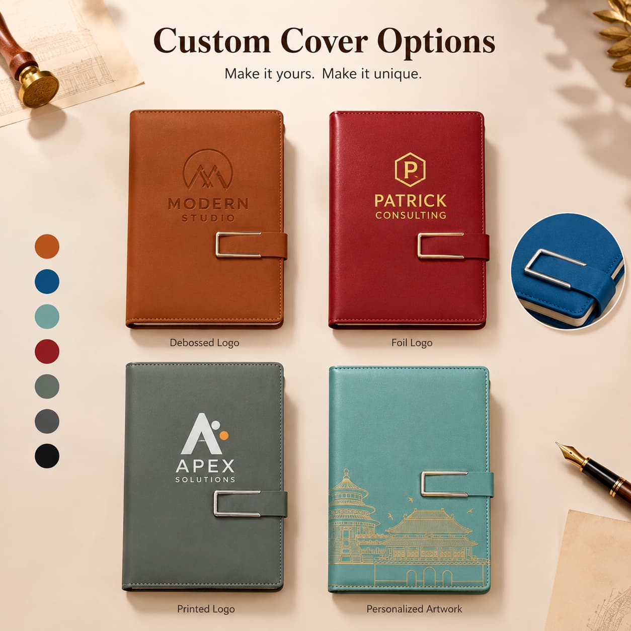 Custom A5 notebook cover examples showing debossed logo, foil logo, printed logo and personalized artwork options.