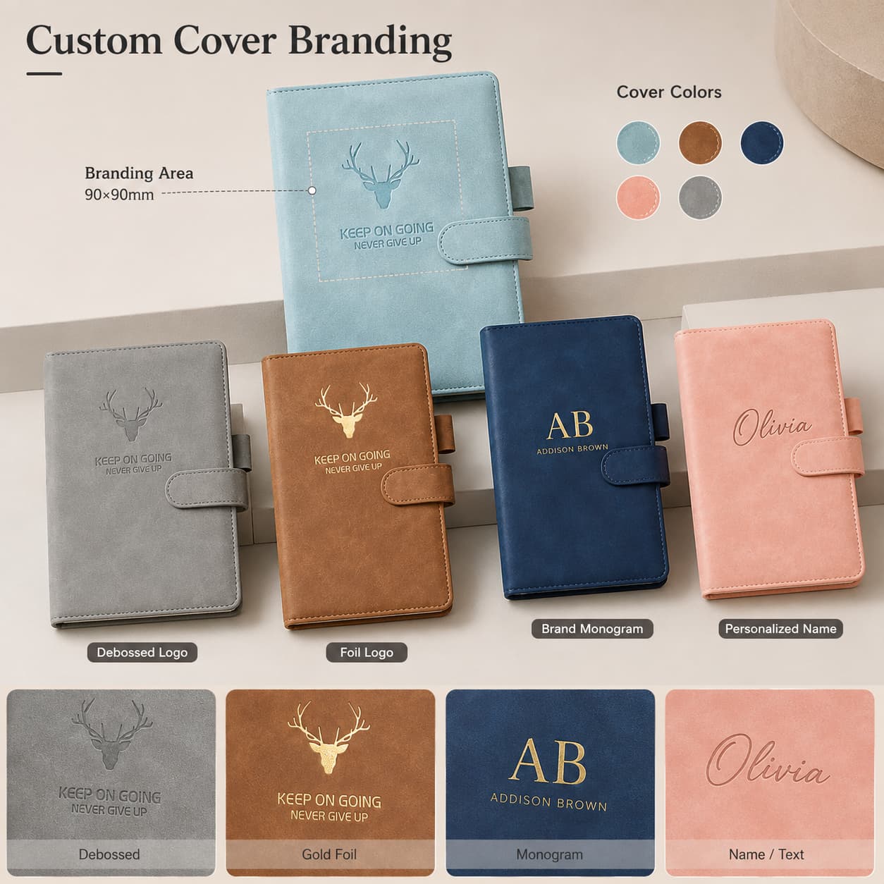 PU buckle notebooks showing debossed logo, foil logo, brand monogram, personalized name and cover color choices.