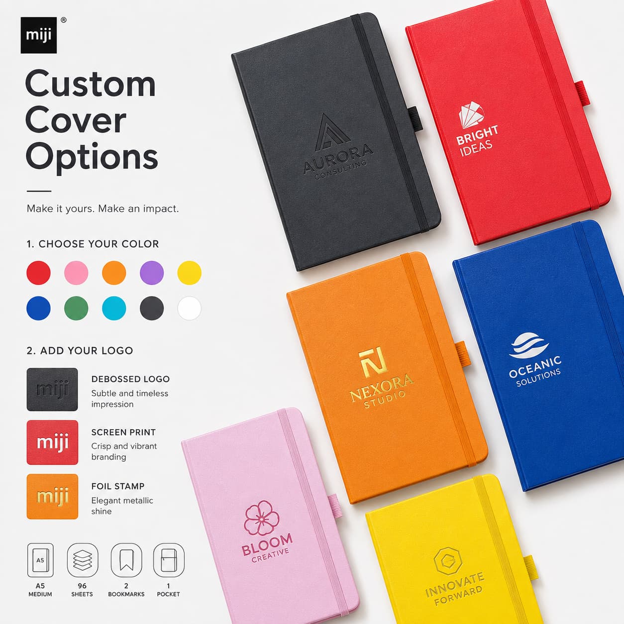 Colorful A5 notebook examples with debossed, screen-printed and foil-stamped logos plus cover color choices.